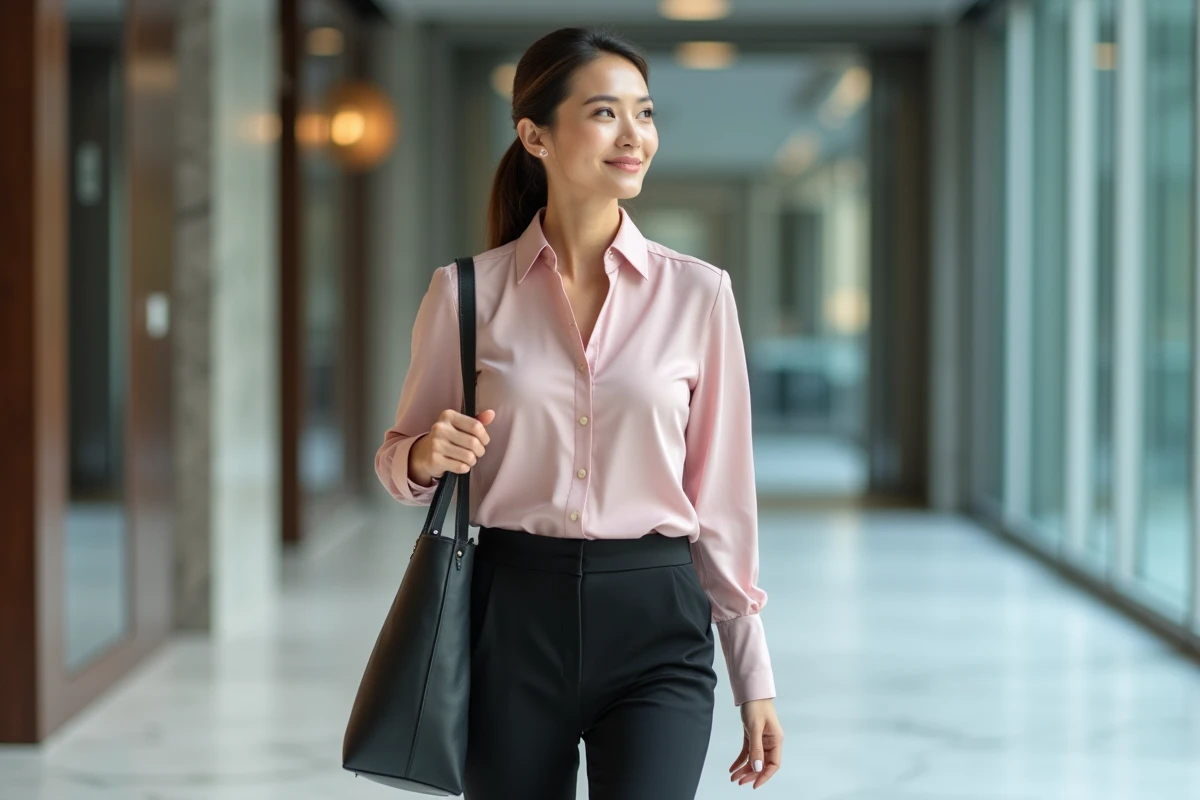 Femme de 40 ans en tenue de bureau élégante et économique — pantalon noir et blouse rose satin — marchant dans le hall d'un immeuble moderne