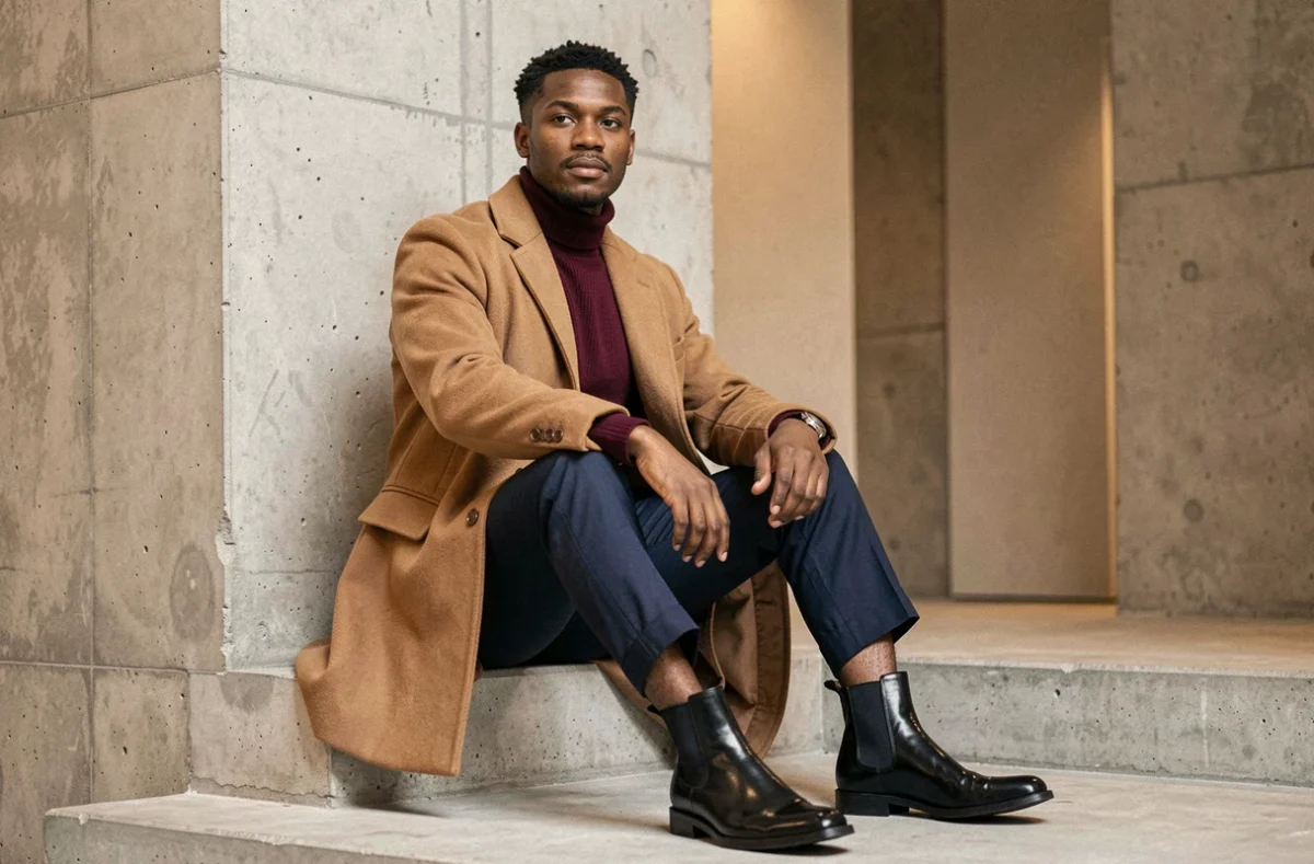 Jeune homme en look pop élégant 2026 avec manteau camel et col roulé bordeaux dans espace béton