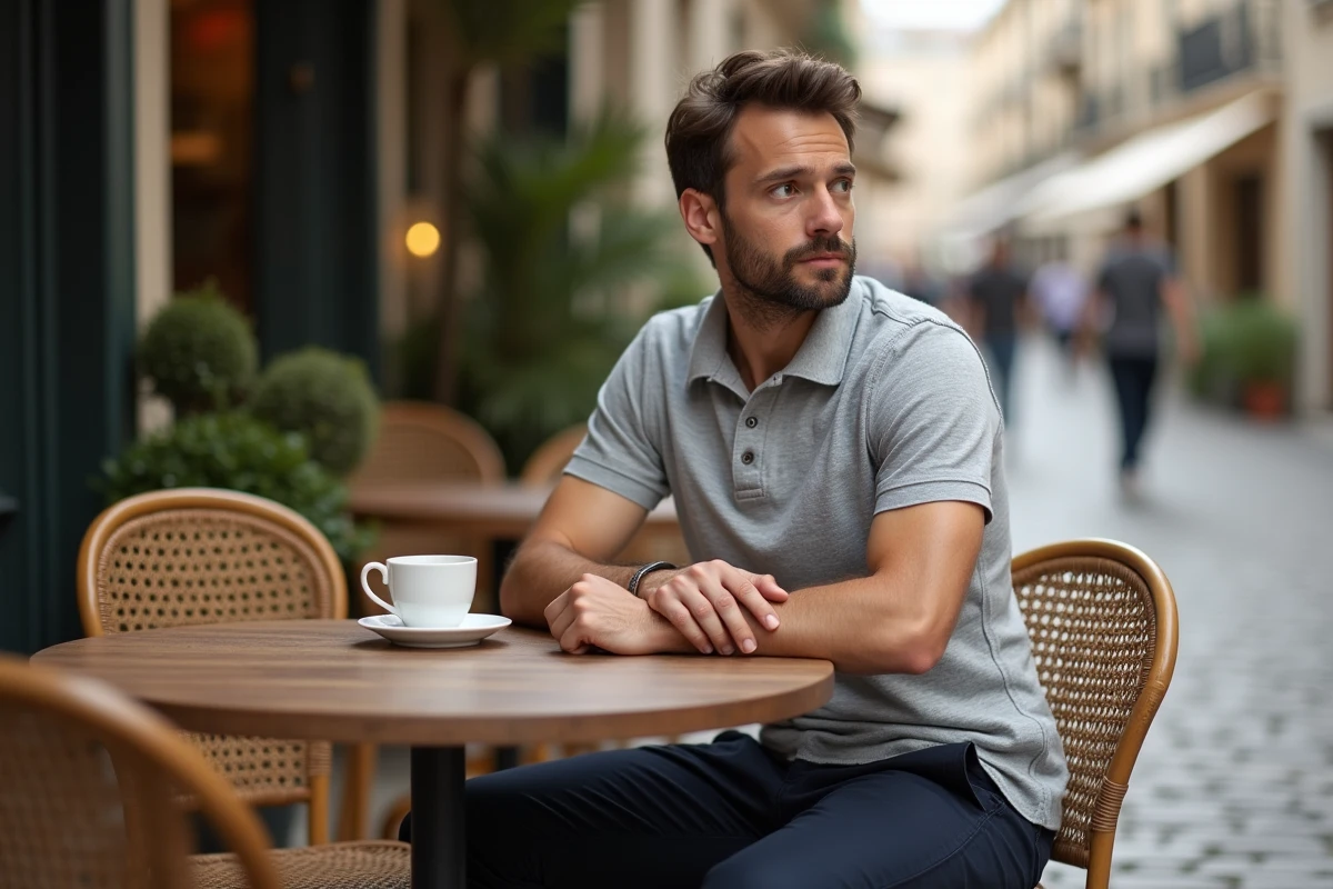 Homme en tenue smart casual abordable — chino marine, polo gris et mocassins — attablé en terrasse de café à Paris