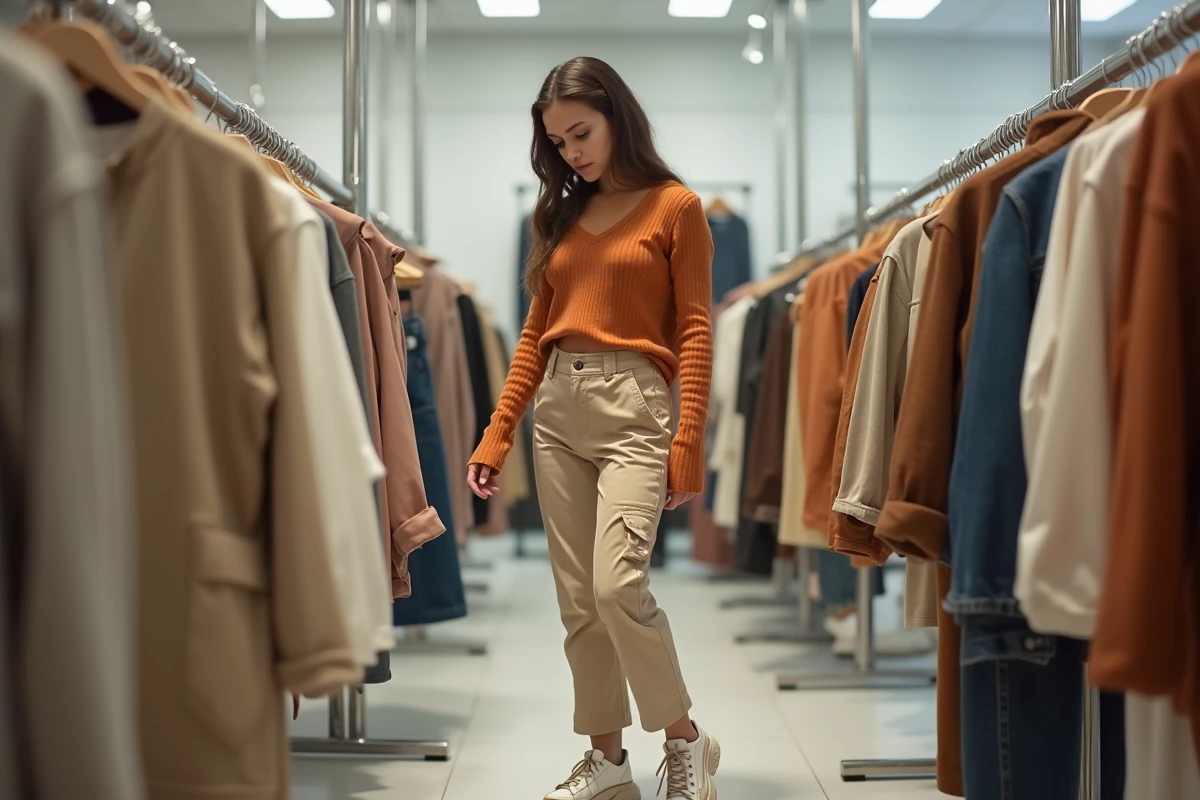 Adolescente en tenue tendance et abordable — cargo beige et top côtelé terracotta — faisant du shopping dans un magasin de mode