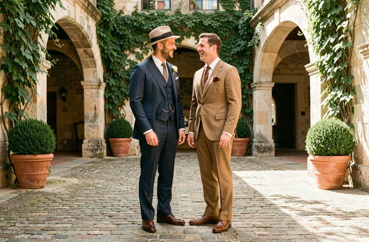 Deux hommes en costumes vintage années 30 pinstripe et flanelle dans une cour en pierre lors d'un mariage