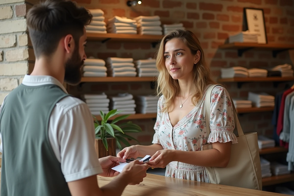 Touriste francophone réglant ses achats en soldes dans une boutique italienne avec incompréhension du reçu