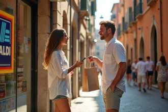 Couple de touristes francophones confus devant une vitrine de soldes en Italie avec panneau SALDI