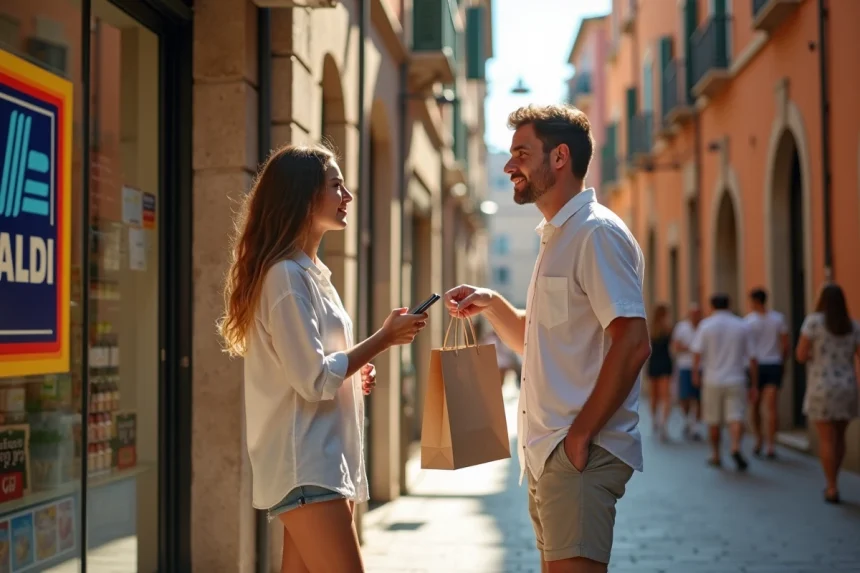 Couple de touristes francophones confus devant une vitrine de soldes en Italie avec panneau SALDI