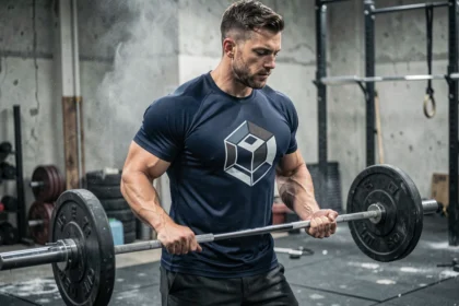 Homme musclé portant un t-shirt crossfit graphique dans une salle de sport industrielle lors d'un soulevé de barre
