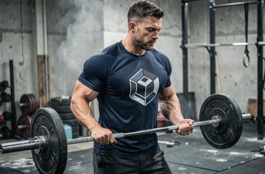 Homme musclé portant un t-shirt crossfit graphique dans une salle de sport industrielle lors d'un soulevé de barre