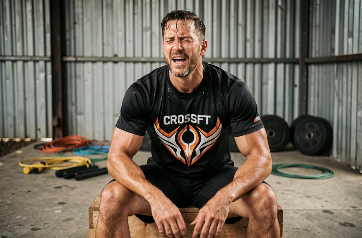 Homme crossfiteur assis sur une boîte pliométrique en t-shirt noir design tribal orange entre deux séries d'entraînement