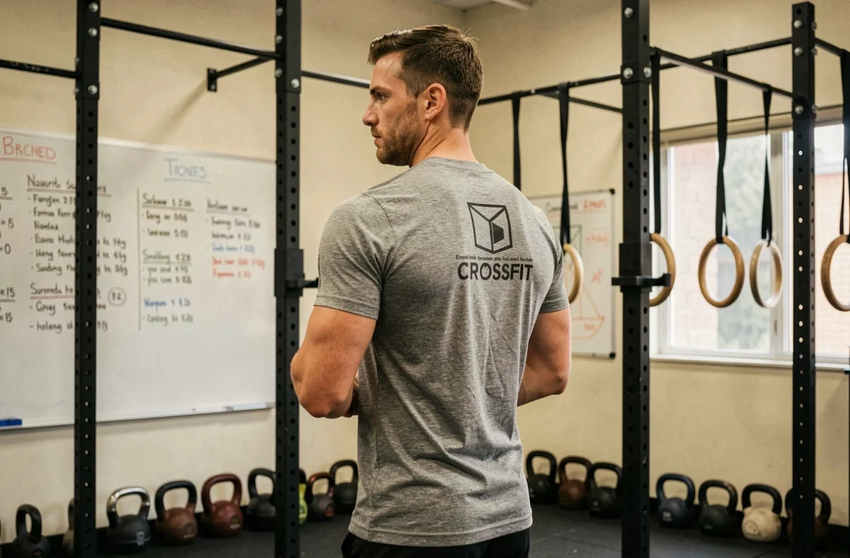 Athlète crossfit en t-shirt gris avec logo box au dos s'étirant devant un rack de tractions en salle de sport