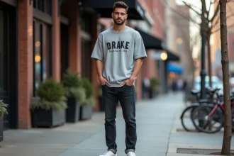 Homme portant un t-shirt Drake oversize gris chiné avec jean droit et sneakers blanches dans une rue urbaine