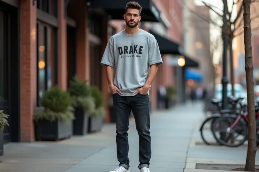 Homme portant un t-shirt Drake oversize gris chiné avec jean droit et sneakers blanches dans une rue urbaine