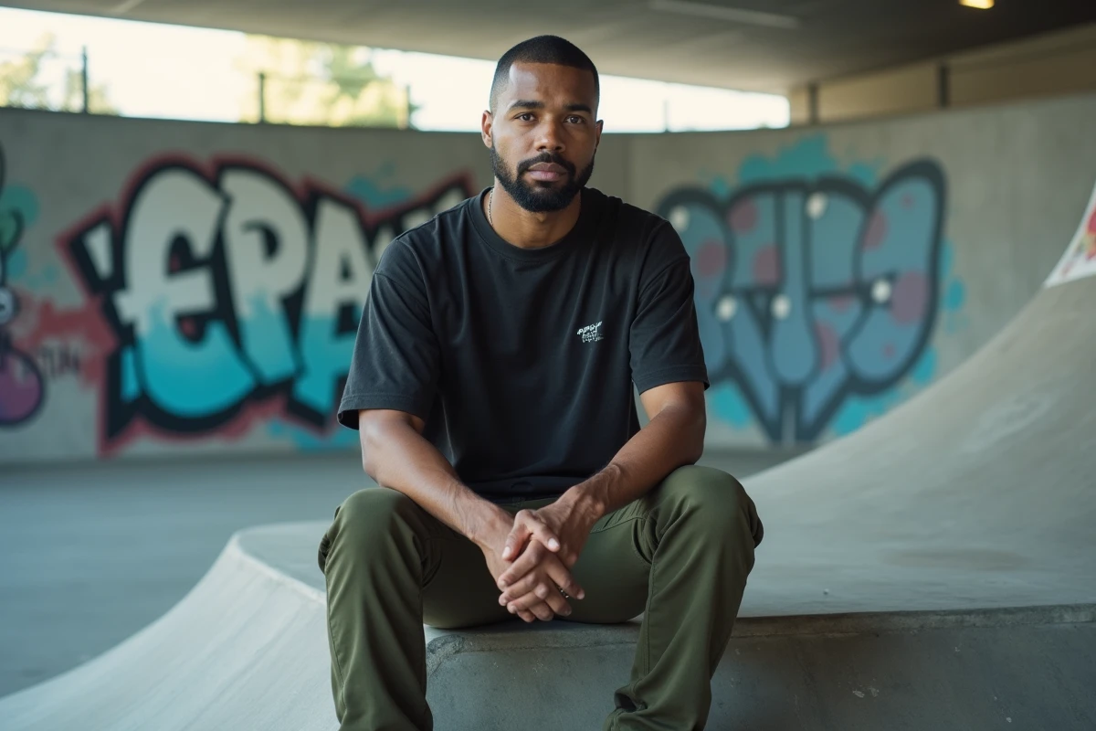 Homme en t-shirt oversize Drake noir lavé assis dans un skate park, look streetwear décontracté