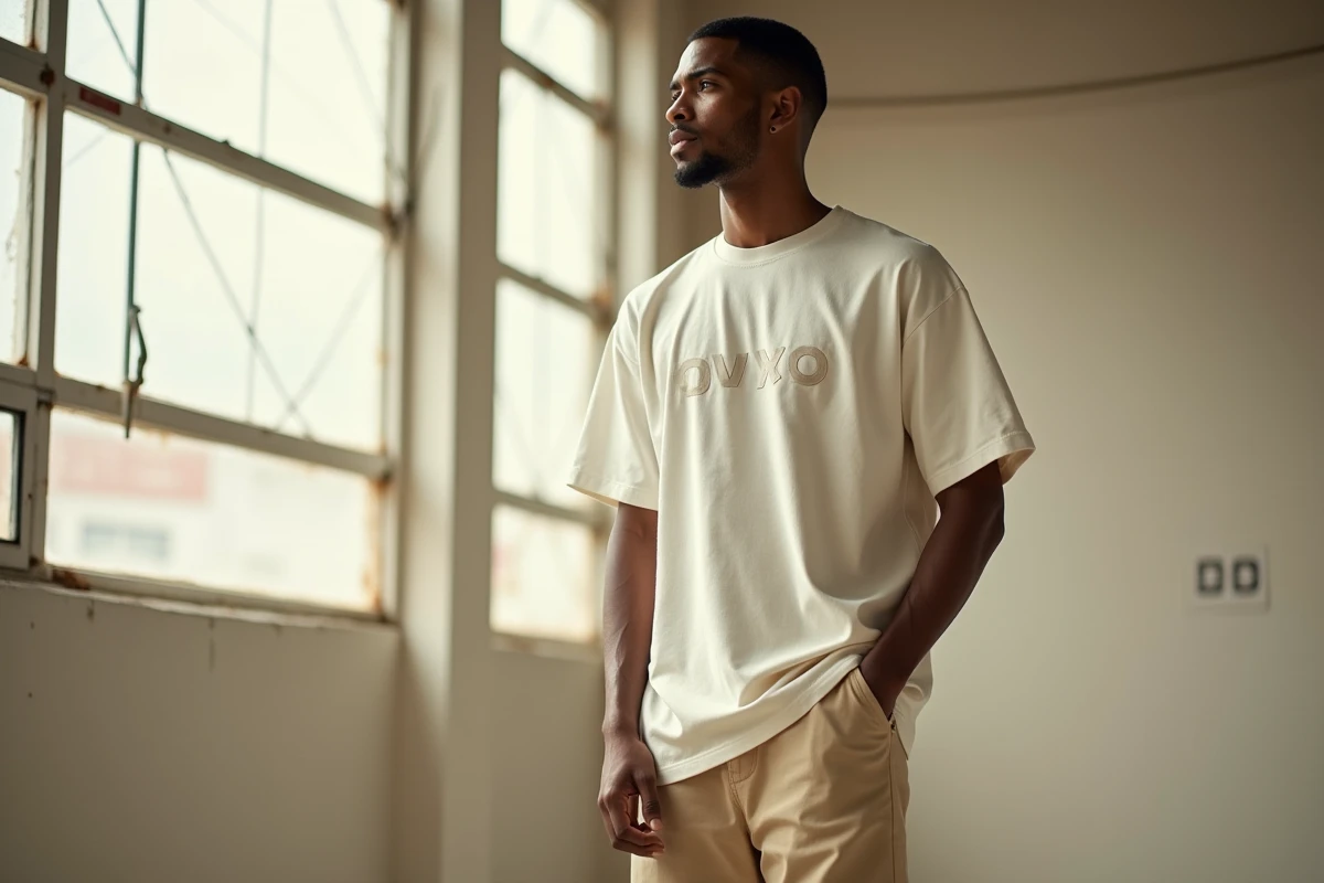 Homme portant un t-shirt Drake OVO oversize blanc cassé avec pantalon large beige dans un espace industriel lumineux