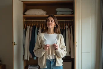Femme examinant l'étiquette d'un pull en laine avant de l'acheter, debout devant une armoire ouverte dans une chambre bien rangée