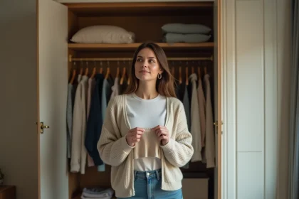 Femme examinant l'étiquette d'un pull en laine avant de l'acheter, debout devant une armoire ouverte dans une chambre bien rangée