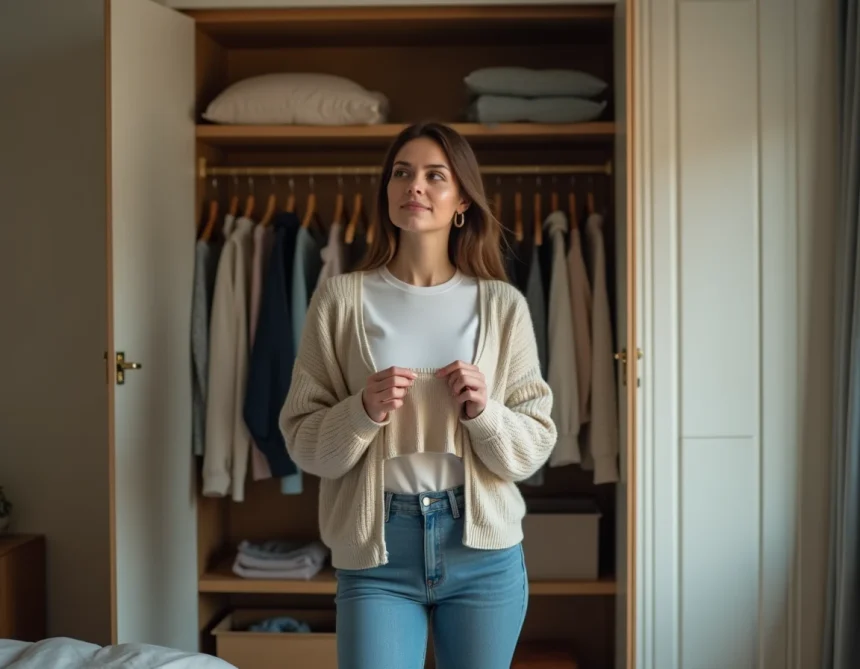 Femme examinant l'étiquette d'un pull en laine avant de l'acheter, debout devant une armoire ouverte dans une chambre bien rangée