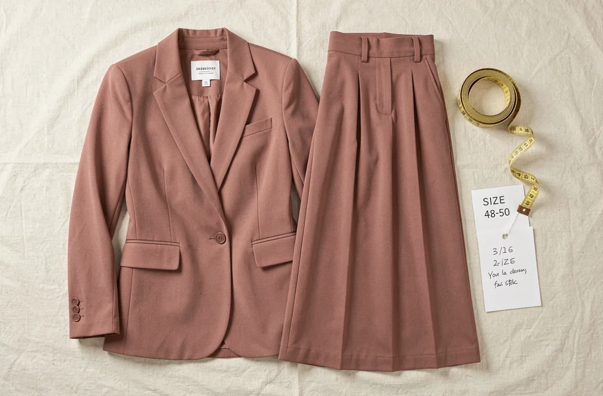 Pose à plat de vêtements taille 48-50 incluant un blazer rose poudré et un pantalon large avec un mètre ruban et des étiquettes de taille manuscrites