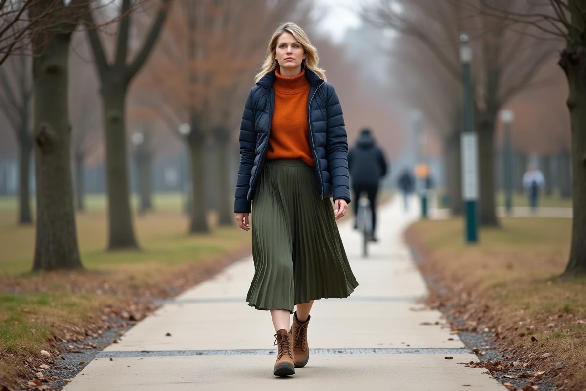 Femme en promenade dans un parc urbain avec des boots WANABEE associées à une jupe midi et veste matelassée