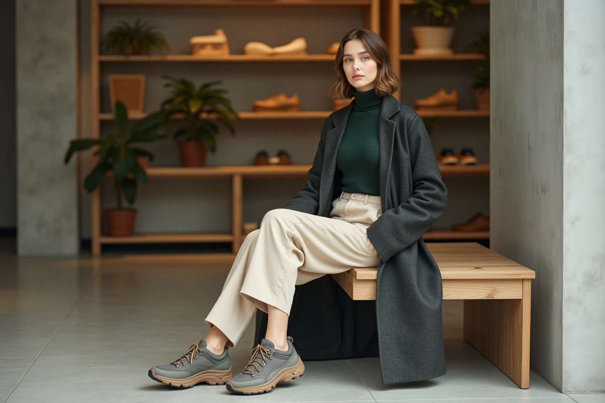 Femme assise en tenue urbaine chic avec chaussures WANABEE dans un concept store moderne