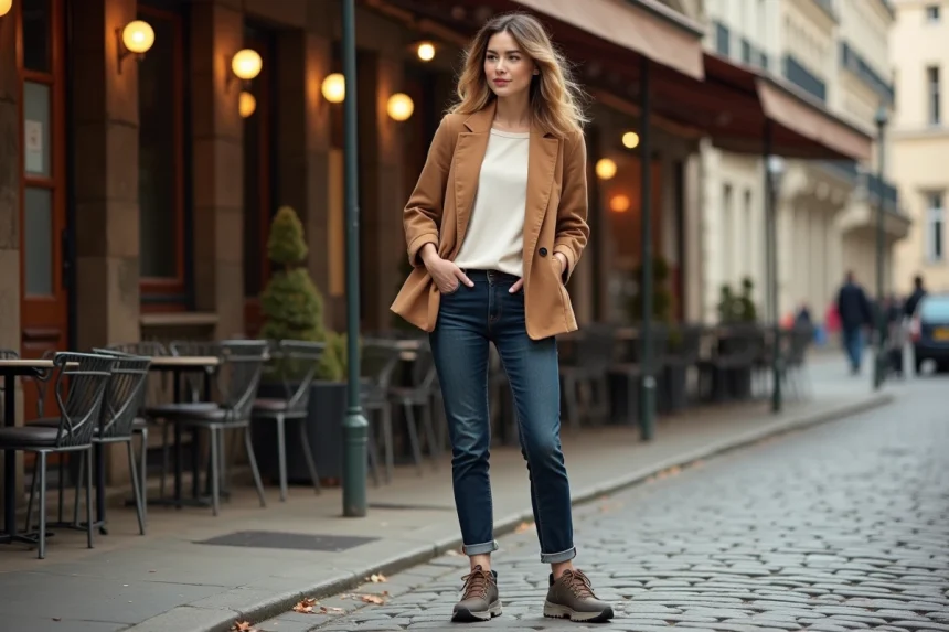 Femme portant des chaussures WANABEE avec un jean slim et un blazer camel dans une rue parisienne en automne