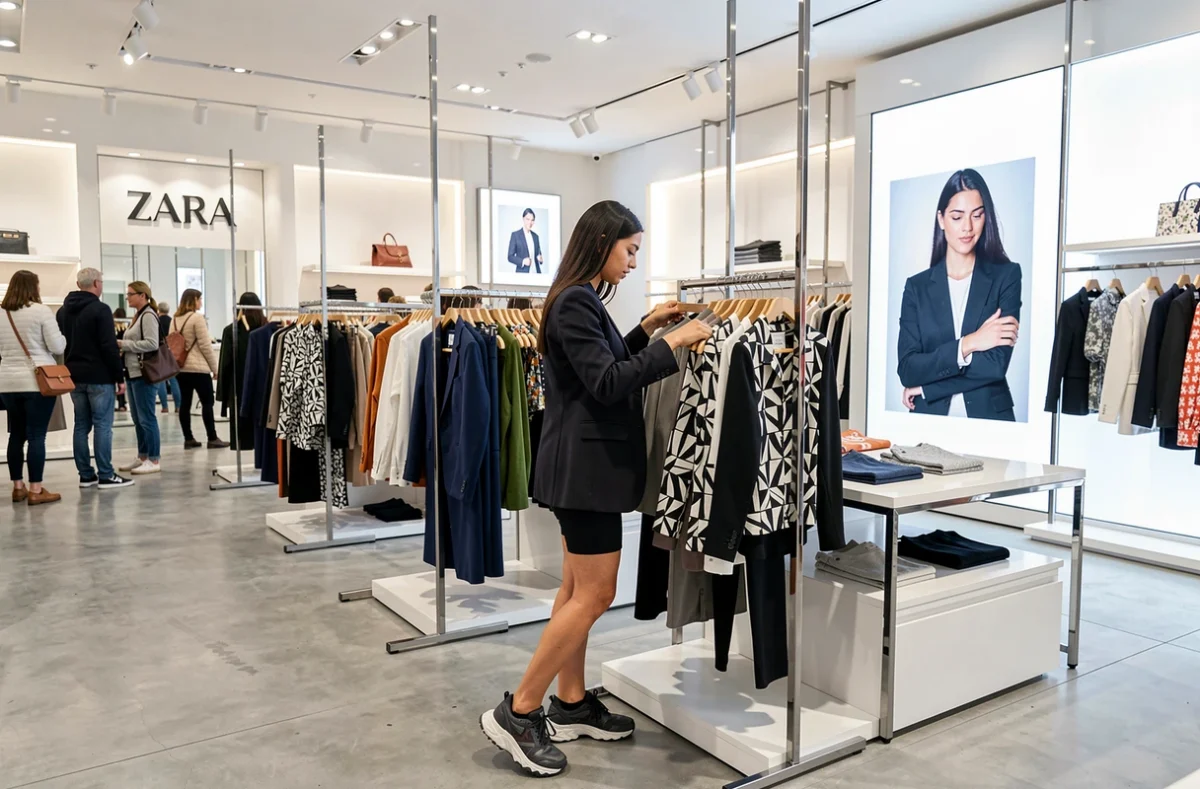 Section prêt-à-porter féminin du Zara de Nancy avec une jeune femme branchée parcourant des chemisiers sur un portant chromé